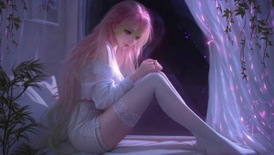 紫夜窗边粉发温柔美少女