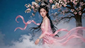 桃树下穿粉色古装纱裙仙气美女
