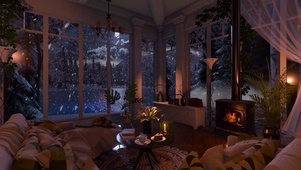 夜晚雪天湖边小屋