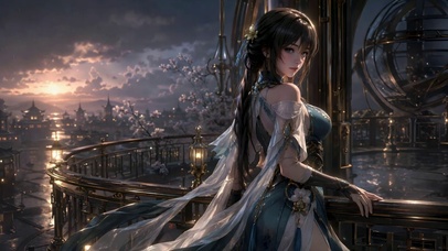 古风二次元美少女黄昏夜景