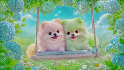 绣球花秋千与可爱小狗
