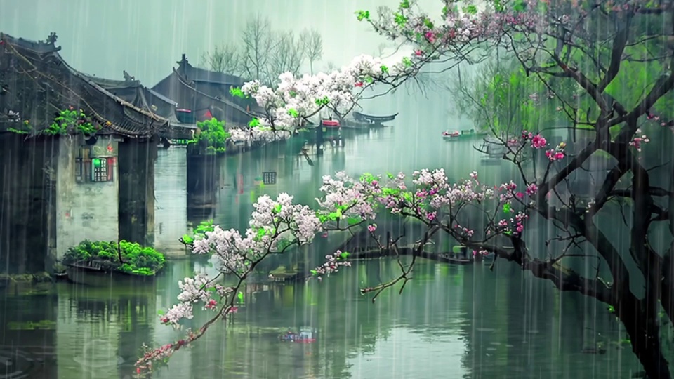 低饱和青调江南水乡雨景，深灰黑瓦的临水古民居沿河道排布，雾色笼罩远处屋舍，前景有开粉白花的树枝，细雨飘落。