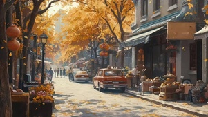 秋日城市街道集市建筑