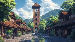 绿色古镇钟楼车站建筑