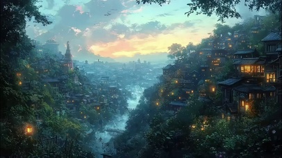 远眺傍晚森林古镇溪流