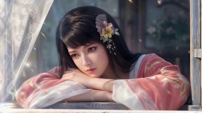 墨彩环倚窗
