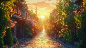 黄昏夕阳唯美小镇街道