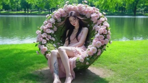 湖畔坐在花篮椅上的粉衣美女