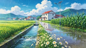 雨天乡村小路旁鲜花