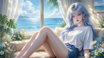 蓝发少女窗边海景