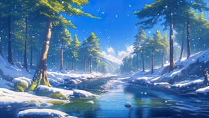 阳光冬日积雪森林河岸
