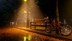放松雨夜公园路灯下长椅
