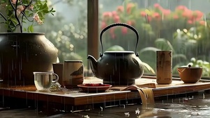 古风雨天茶座带鱼屏