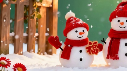 雪景树木下雪人双屏