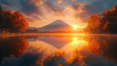 落日晚霞富士山湖泊