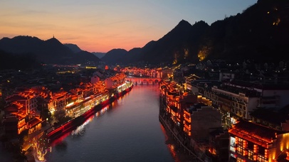 贵州镇远古镇晚霞夜景航拍