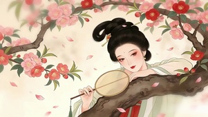 复古工笔画栖花少女
