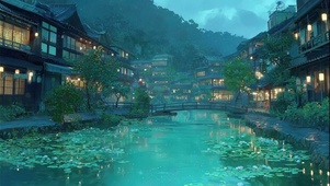 清冷朦胧山林水乡小镇