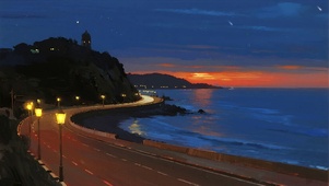 护眼夜景海景油画
