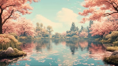 粉樱落花唯美森林湖畔