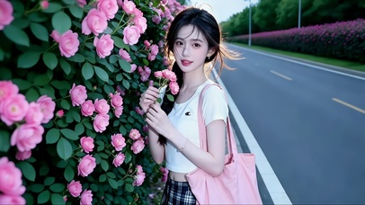 路旁鲜艳花丛前拍照的美女