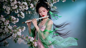 花树下吹长笛的古风汉服美女
