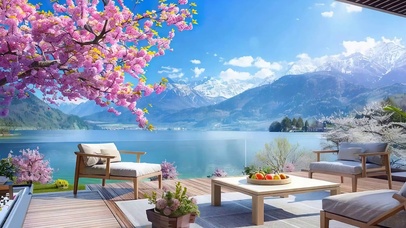 蓝天白云樱花树木海景