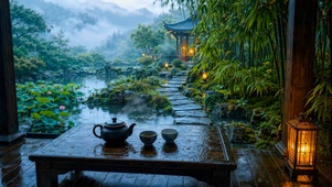 国风园林雨景
