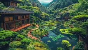 绿色夏日静谧山下庭院