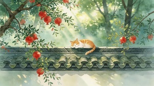 墙头石榴树猫咪