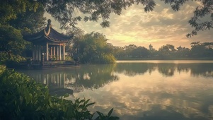 绿意湖畔古亭水光倒影