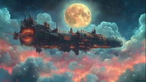 圆月云彩星空蒸汽飞船