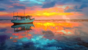 梦幻晚霞海面邮轮插画