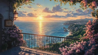 落日唯美大海花海窗台