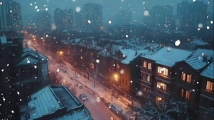 白雪纷飞温馨城市街道