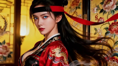 屏风前金龙红色汉服美女侠客1