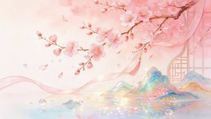 浅粉柔雾桃花新中式国风意境