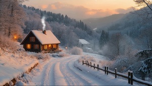 雪天静谧山谷松林小屋