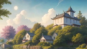 白云树木河流带鱼屏