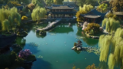 静谧湖畔古风亭子栈桥