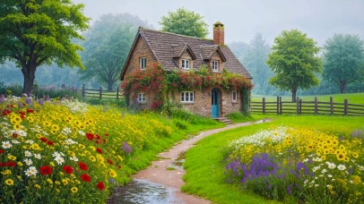 夏日雨天乡村小屋