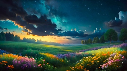 唯美插画夜空下草地