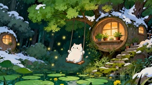 夜景森林荡秋千猫咪