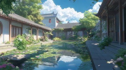 夏日晴天古建庭院池塘