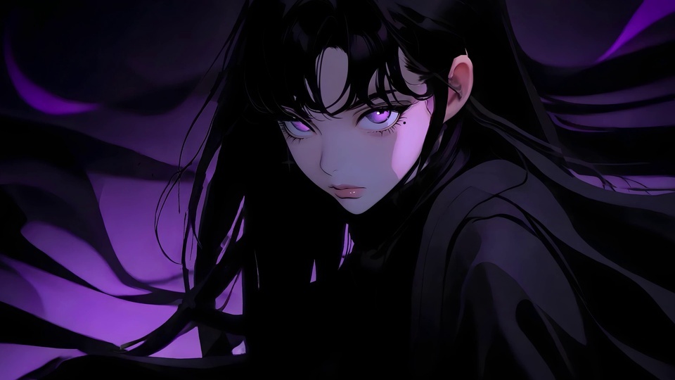 黑长发紫瞳黑衣动漫少女，紫黑流线背景，氛围感暗黑插画