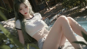 阳光下泳池边美女