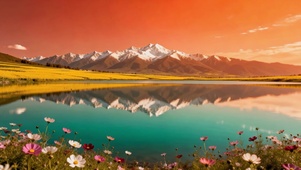 橙霞雪山湖畔花田美景