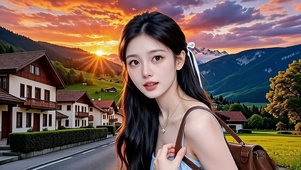 在阿尔卑斯山下城镇游玩的美女
