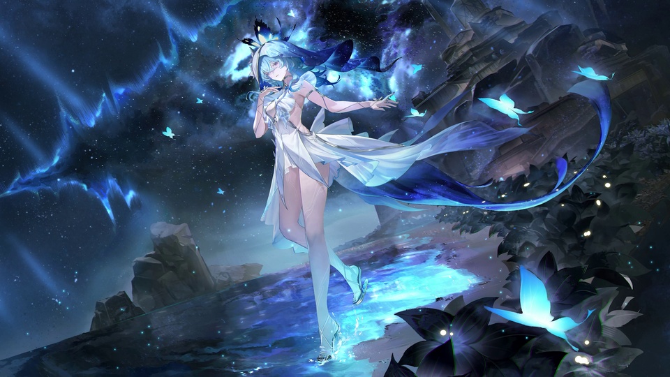蓝发白裙少女立于发光浅溪，环绕发光蝴蝶，星云夜空与石质废墟相伴。