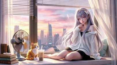 夕阳窗边银发美少女